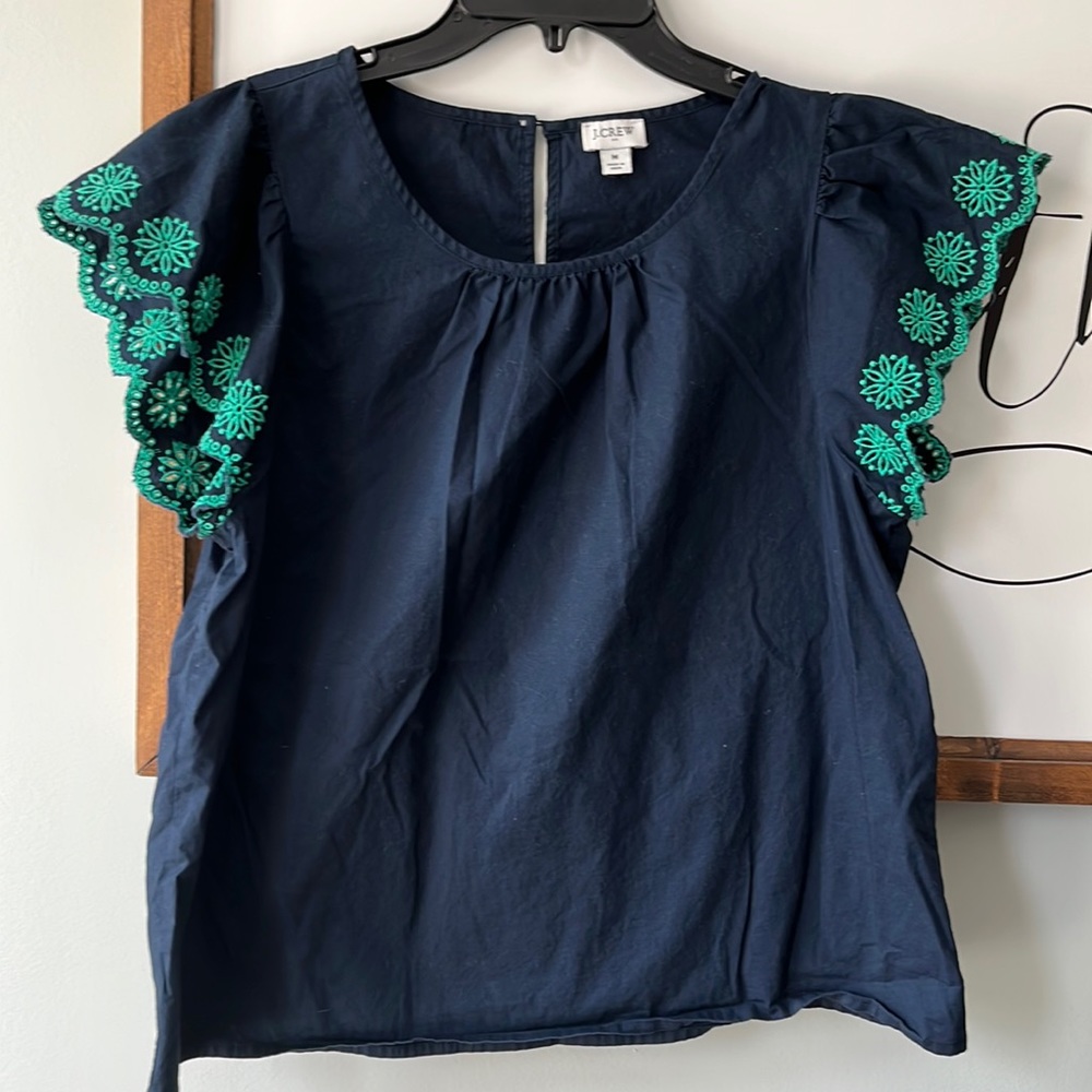 JCREW navy peasant top with green accent